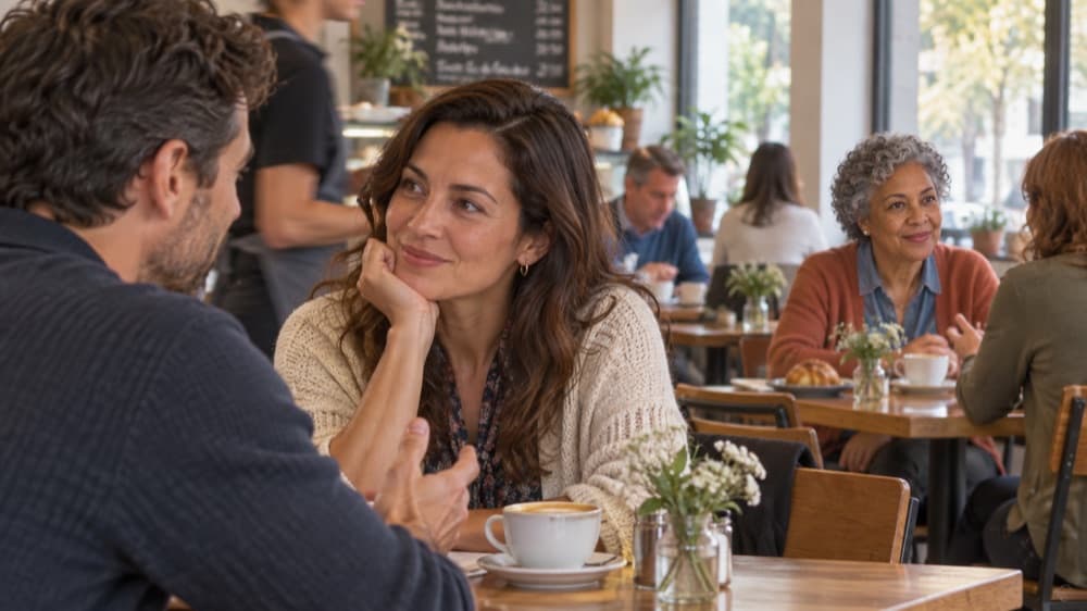Fictional Nia sits at a separate cafe table behind two main actors, on the right of the scene