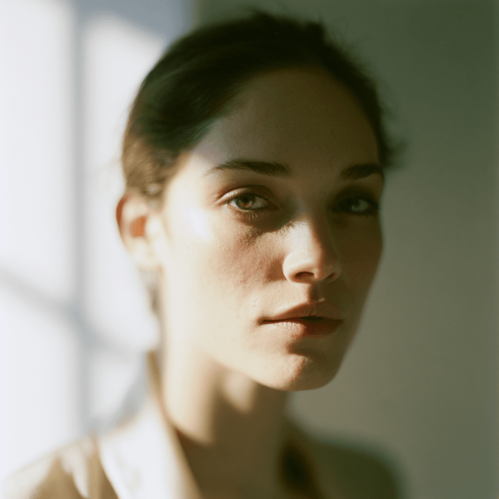 A model who licenses her face on Ingenue, looking toward the camera