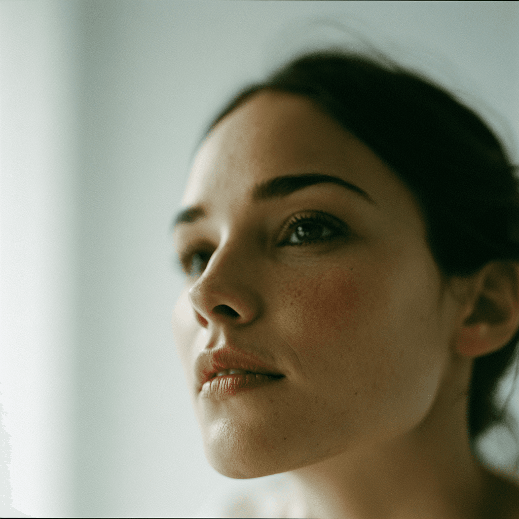 A model who licenses her likeness on Ingenue, looking upward in soft light